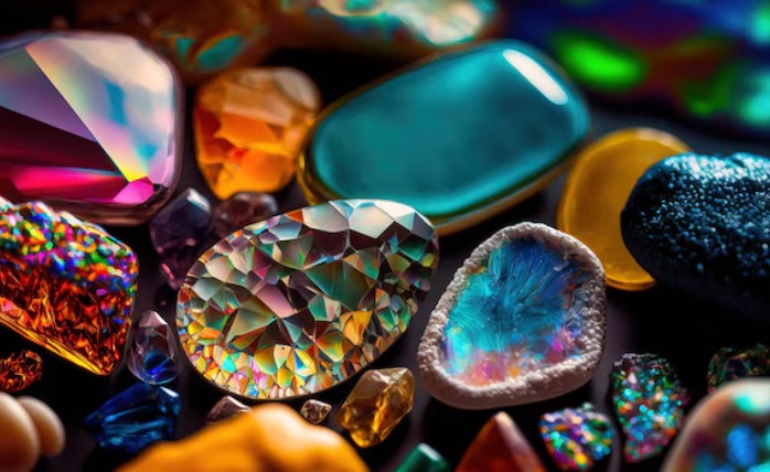 Colorful crystals and gemstones on a dark background